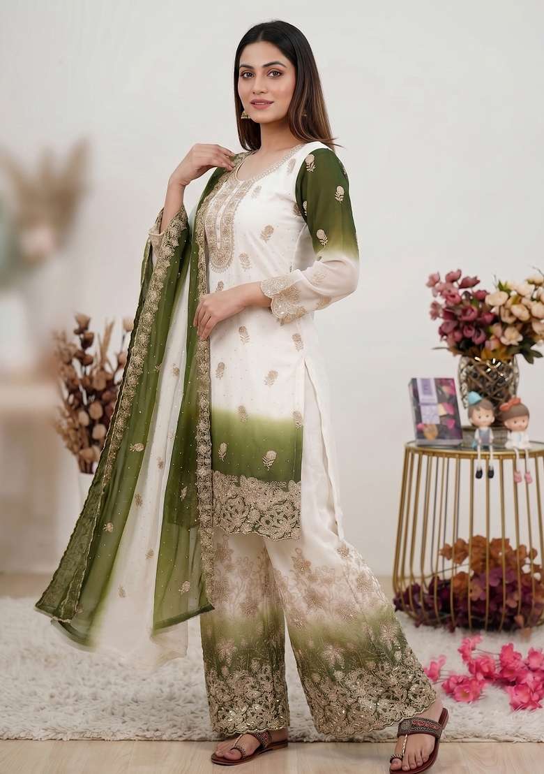 Green Embroidered Georgette Kurta Set - Indya
