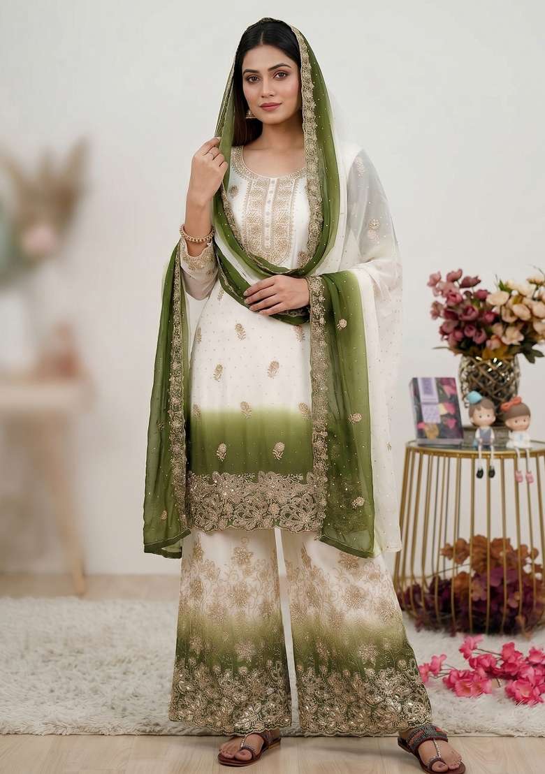 Green Embroidered Georgette Kurta Set - Indya