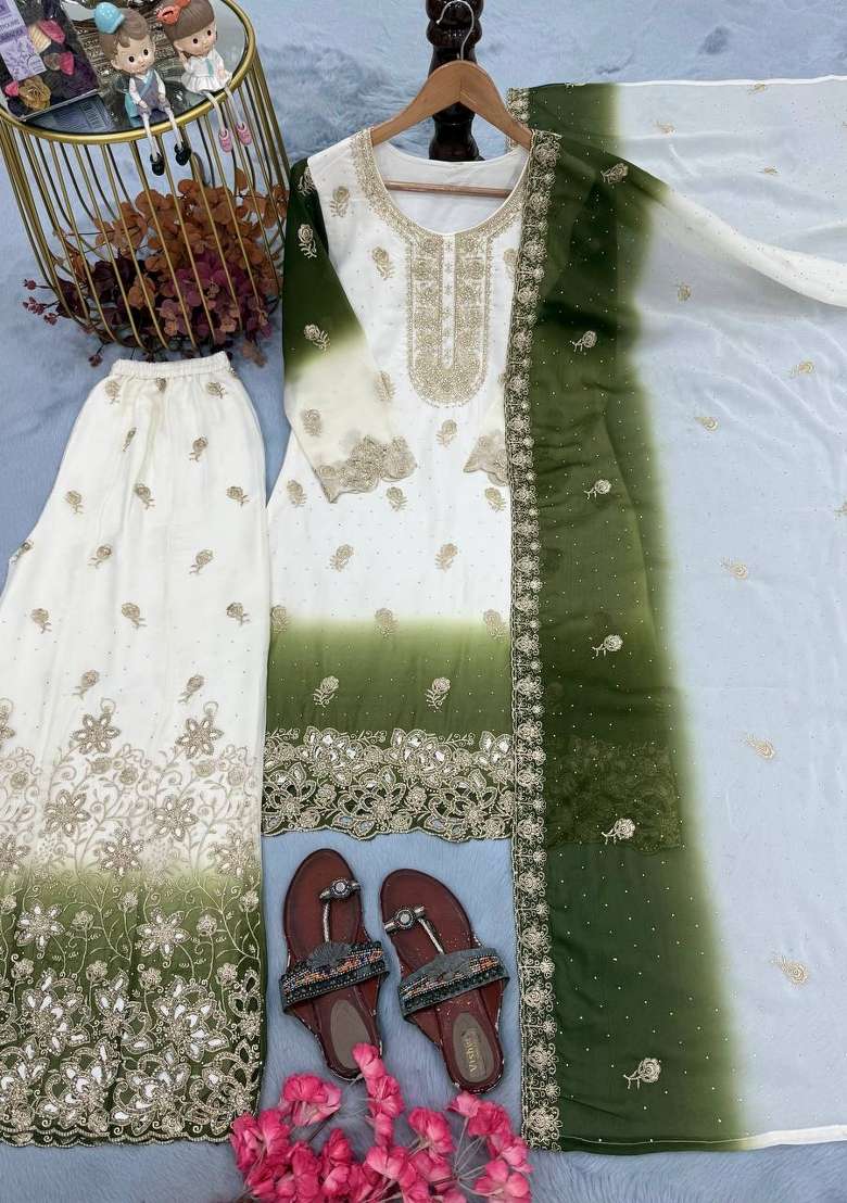 Green Embroidered Georgette Kurta Set - Indya