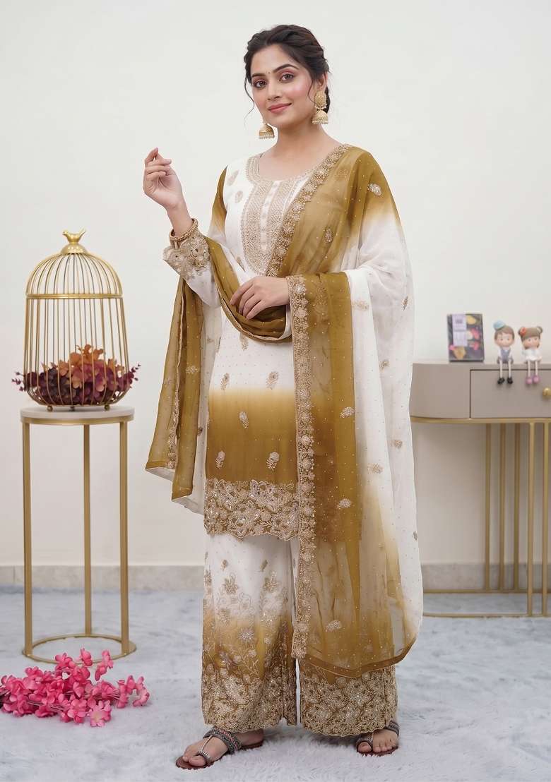 Mustard Embroidered Georgette Kurta Set - Indya