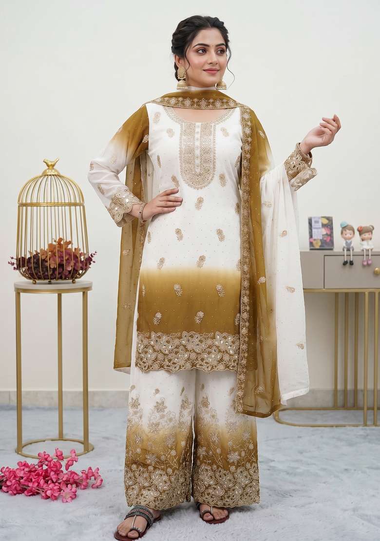 Mustard Embroidered Georgette Kurta Set - Indya
