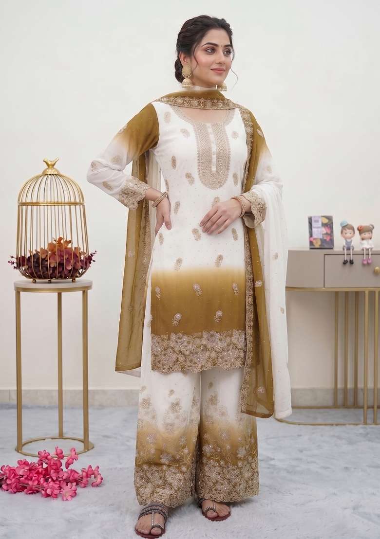 Mustard Embroidered Georgette Kurta Set - Indya