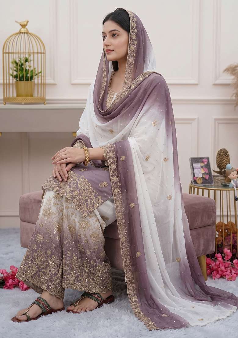 Purple Embroidered Georgette Kurta Set - Indya
