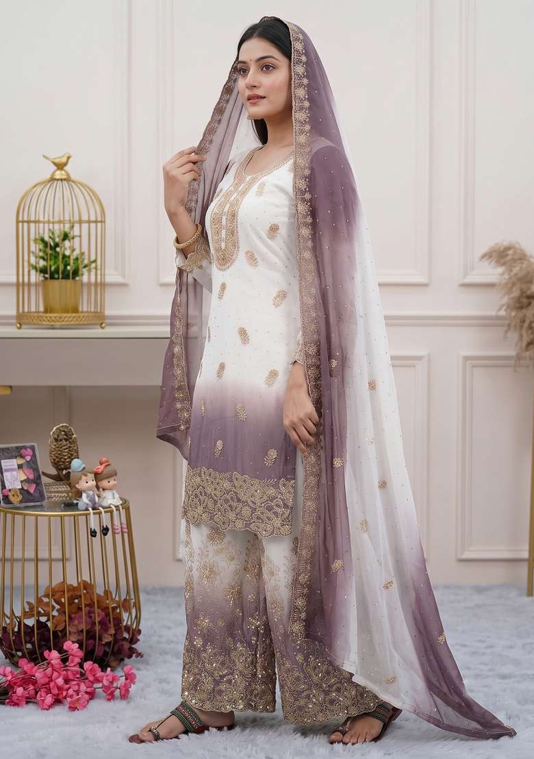 Purple Embroidered Georgette Kurta Set - Indya