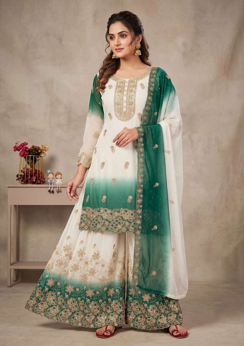 Teal Embroidered Georgette Kurta Set - Indya