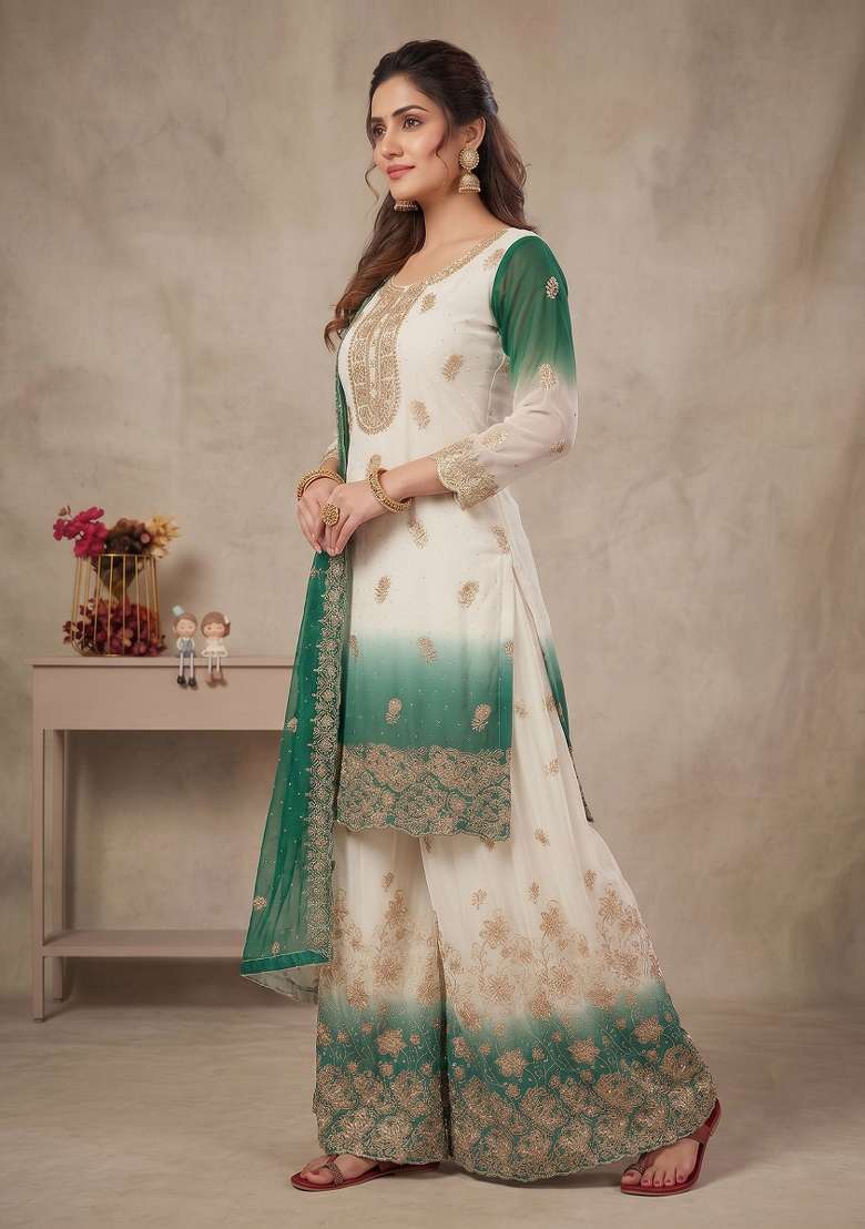 Teal Embroidered Georgette Kurta Set - Indya