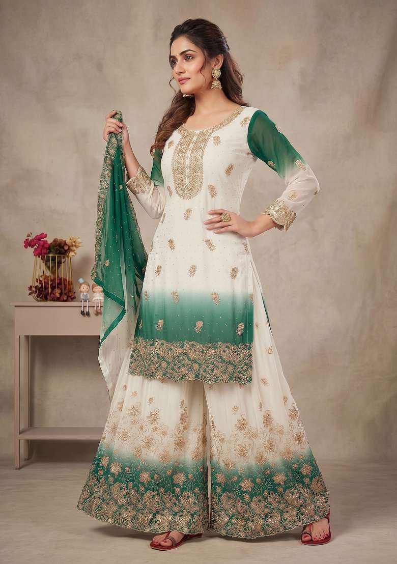 Teal Embroidered Georgette Kurta Set - Indya