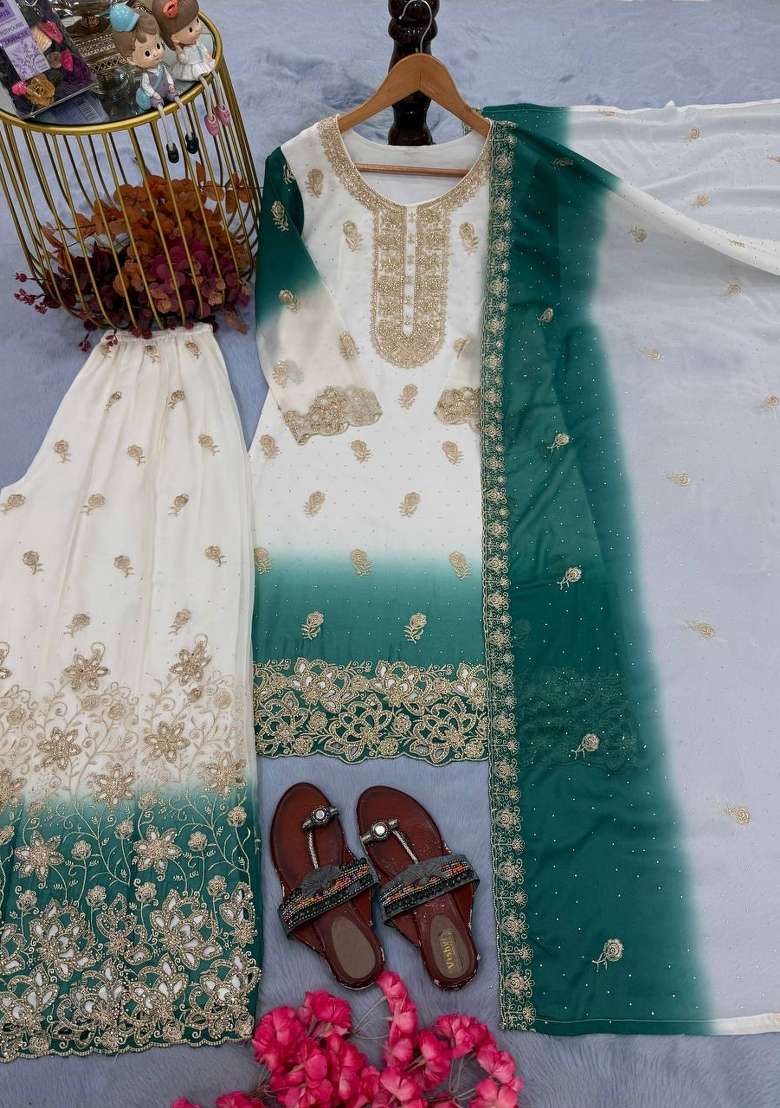 Teal Embroidered Georgette Kurta Set - Indya