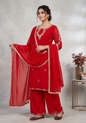 Red Embroidered Georgette Kurta Set