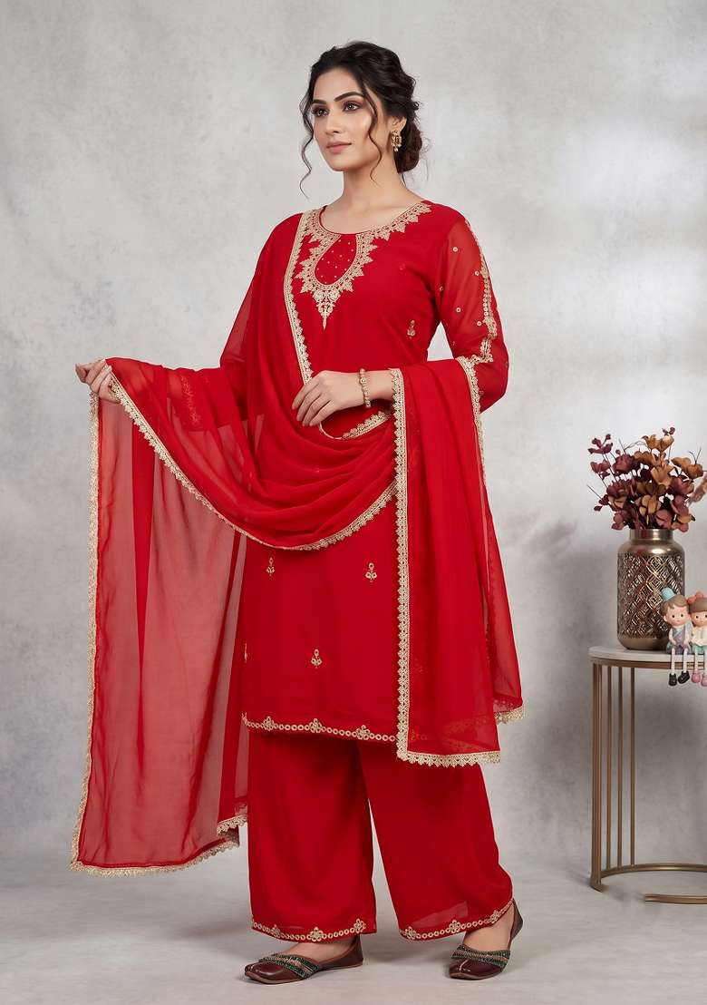 Red Embroidered Georgette Kurta Set - Indya