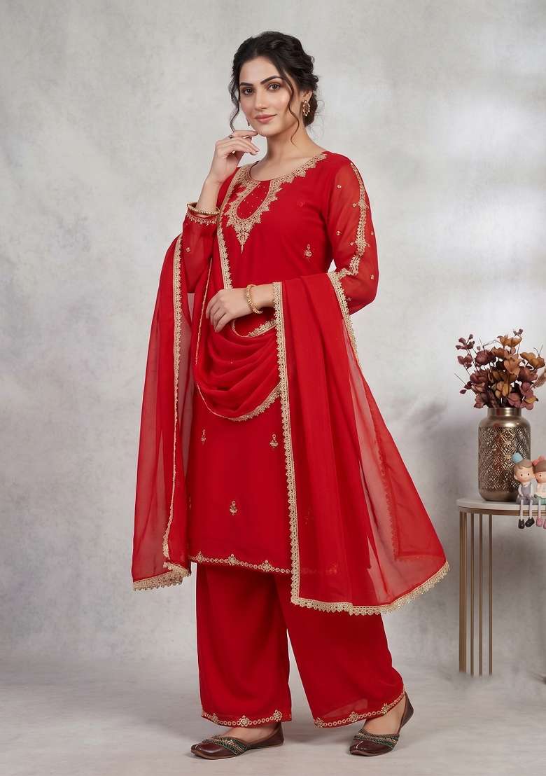 Red Embroidered Georgette Kurta Set - Indya