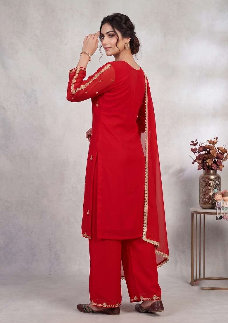 Red Embroidered Georgette Kurta Set - Indya