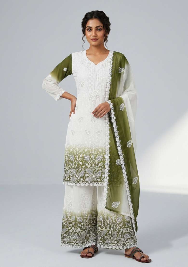 Green Embroidered Georgette Kurta Set - Indya
