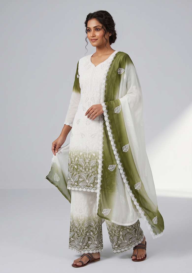 Green Embroidered Georgette Kurta Set - Indya