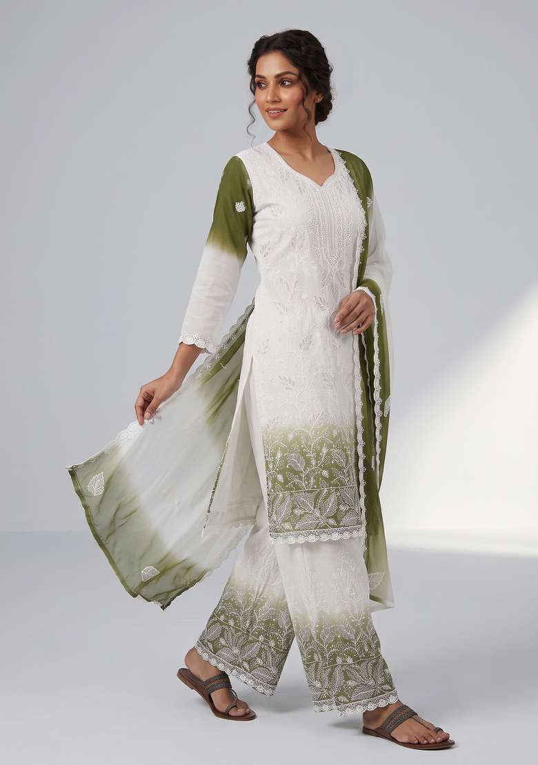 Green Embroidered Georgette Kurta Set - Indya