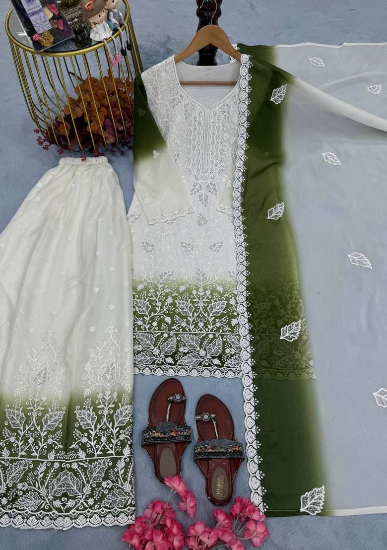 Green Embroidered Georgette Kurta Set - Indya