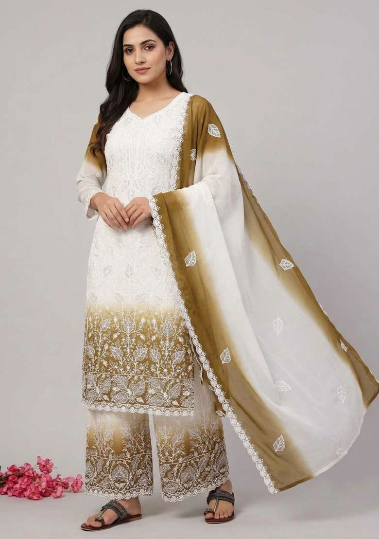 Mustard Embroidered Georgette Kurta Set - Indya