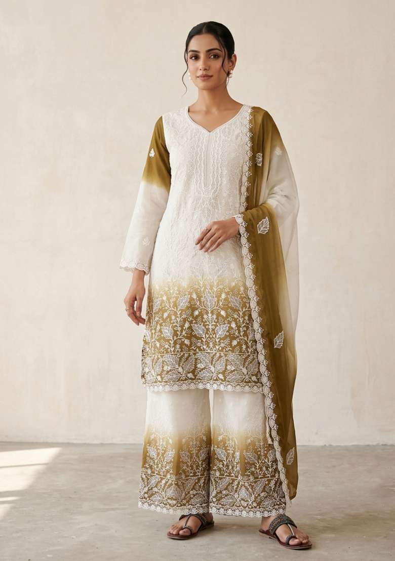 Mustard Embroidered Georgette Kurta Set - Indya