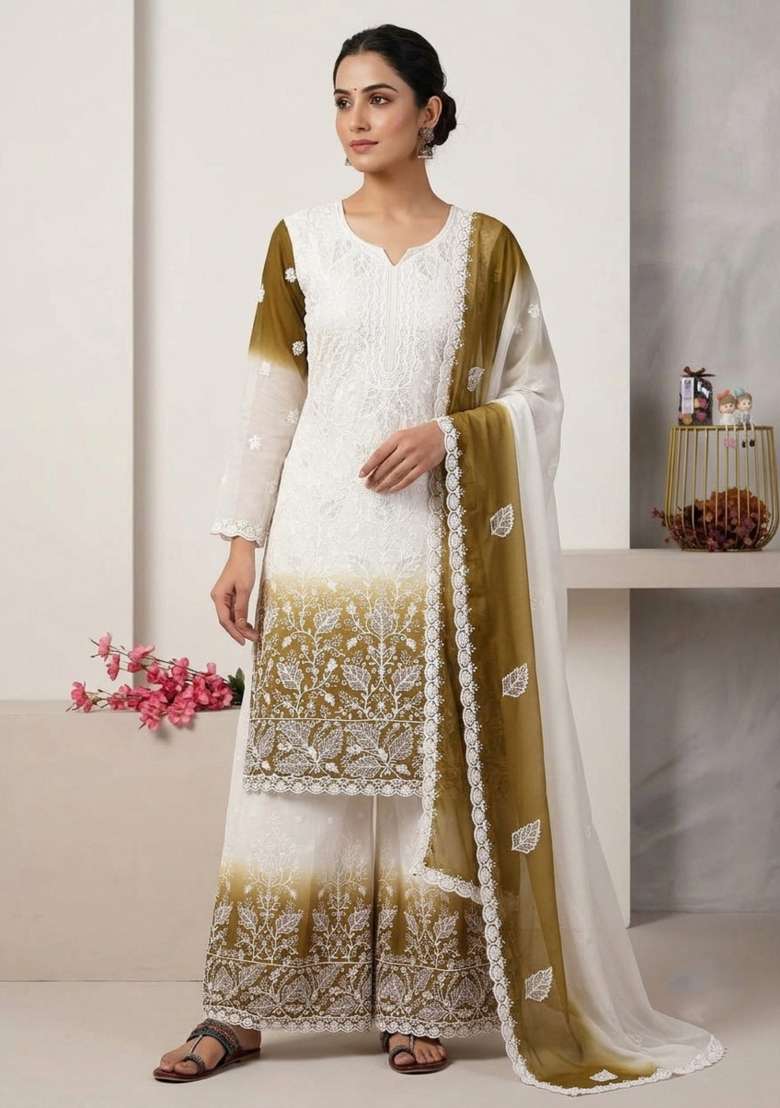 Mustard Embroidered Georgette Kurta Set - Indya