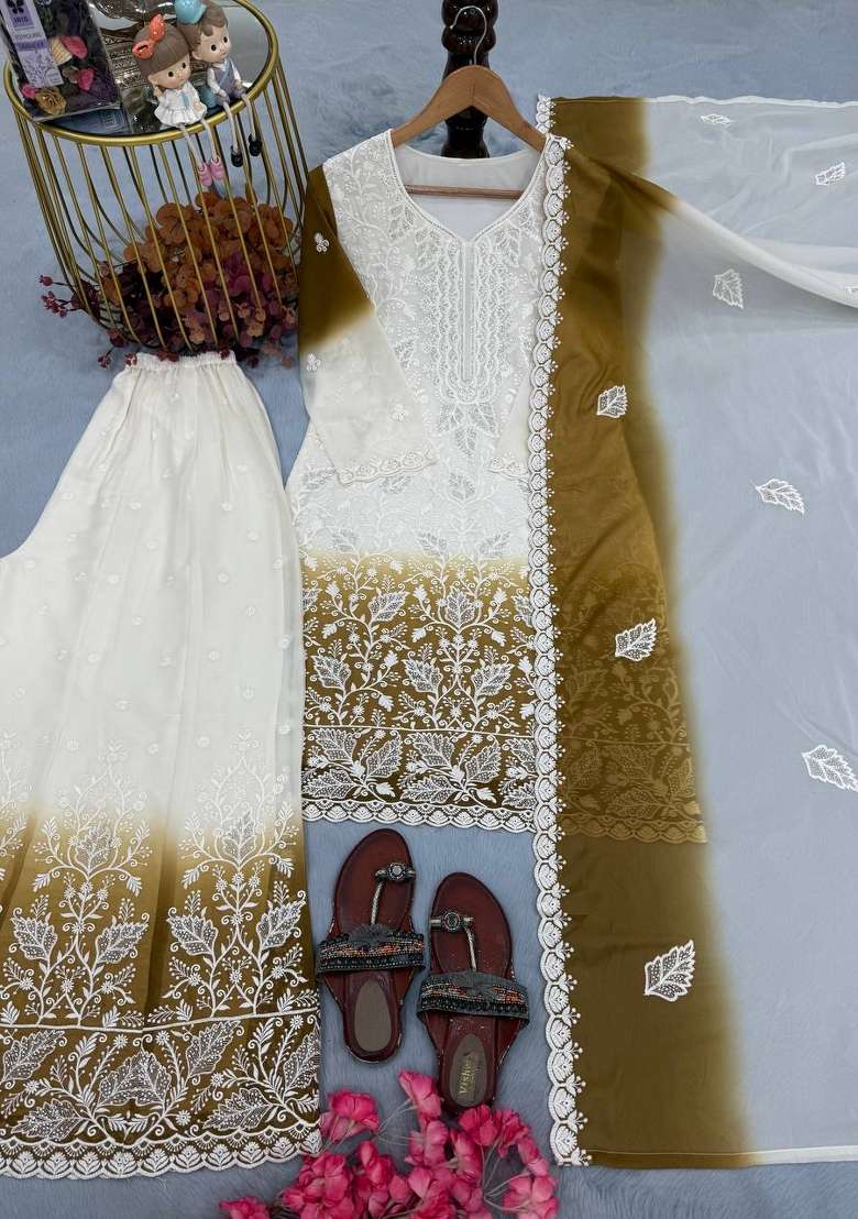 Mustard Embroidered Georgette Kurta Set - Indya