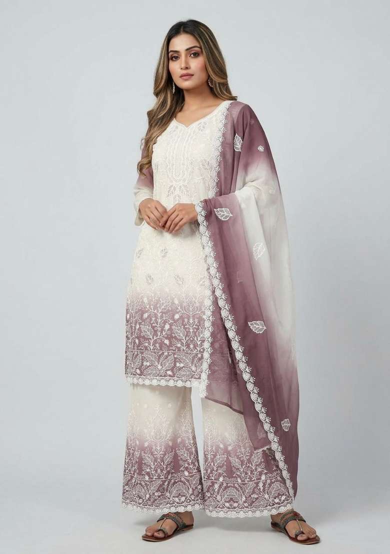 Purple Embroidered Georgette Kurta Set - Indya