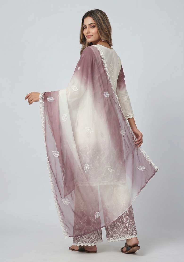 Purple Embroidered Georgette Kurta Set - Indya