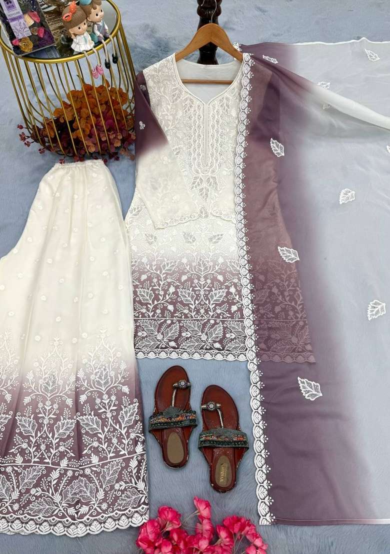 Purple Embroidered Georgette Kurta Set - Indya