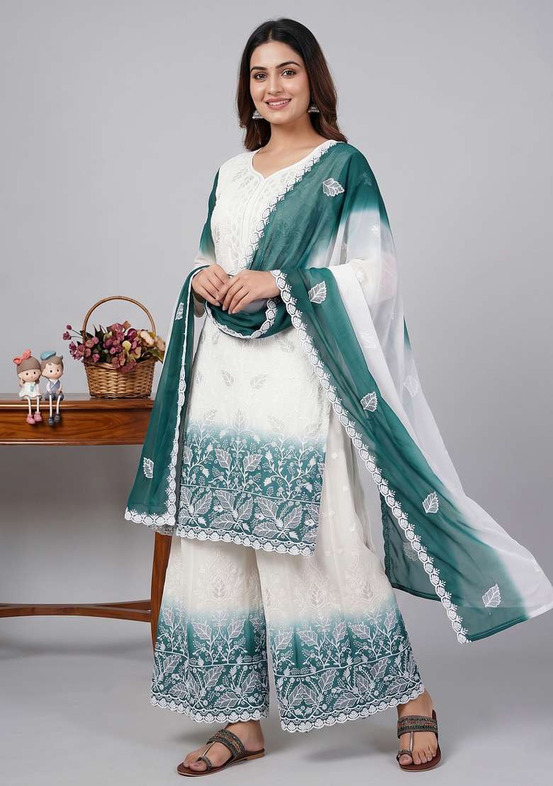 Teal Embroidered Georgette Kurta Set - Indya