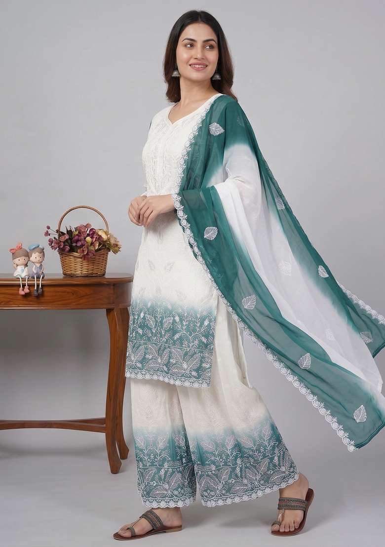 Teal Embroidered Georgette Kurta Set - Indya