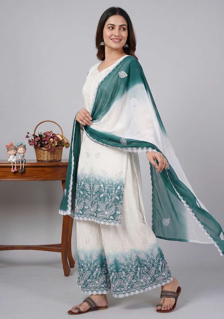 Teal Embroidered Georgette Kurta Set - Indya