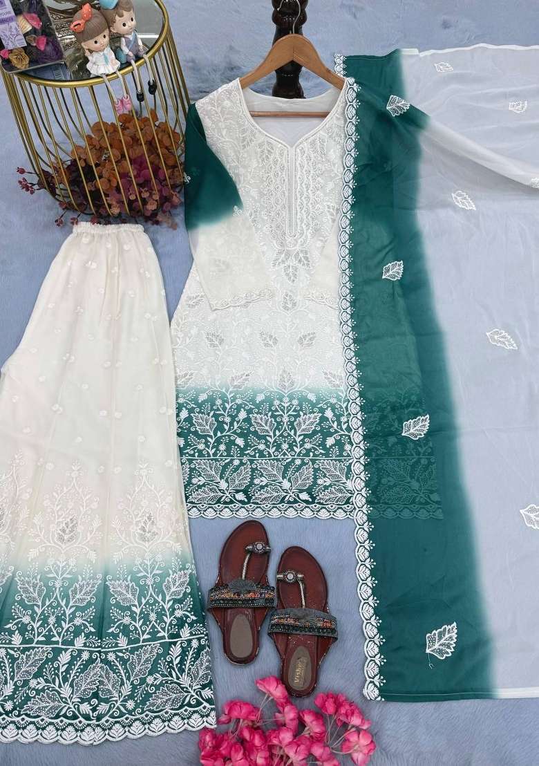 Teal Embroidered Georgette Kurta Set - Indya