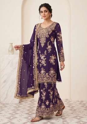 Purple Embroidered Georgette Kurta Set