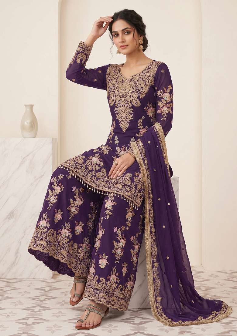 Purple Embroidered Georgette Kurta Set - Indya