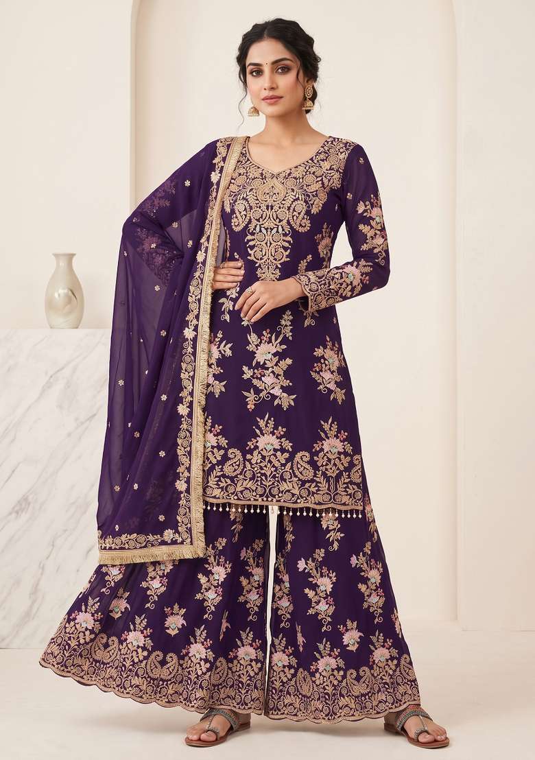 Purple Embroidered Georgette Kurta Set - Indya
