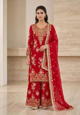 Red Embroidered Georgette Kurta Set