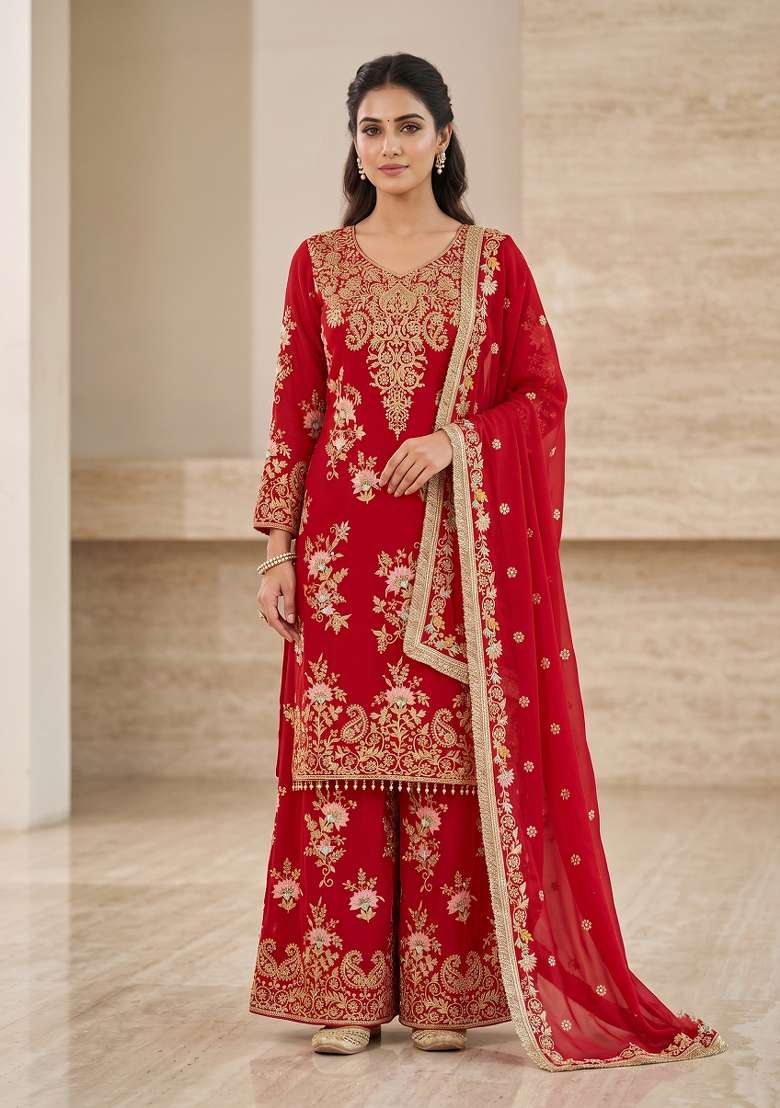 Red Embroidered Georgette Kurta Set - Indya