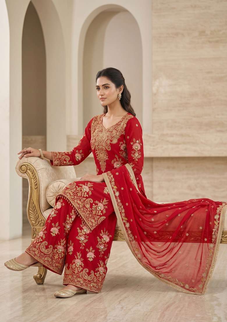 Red Embroidered Georgette Kurta Set - Indya