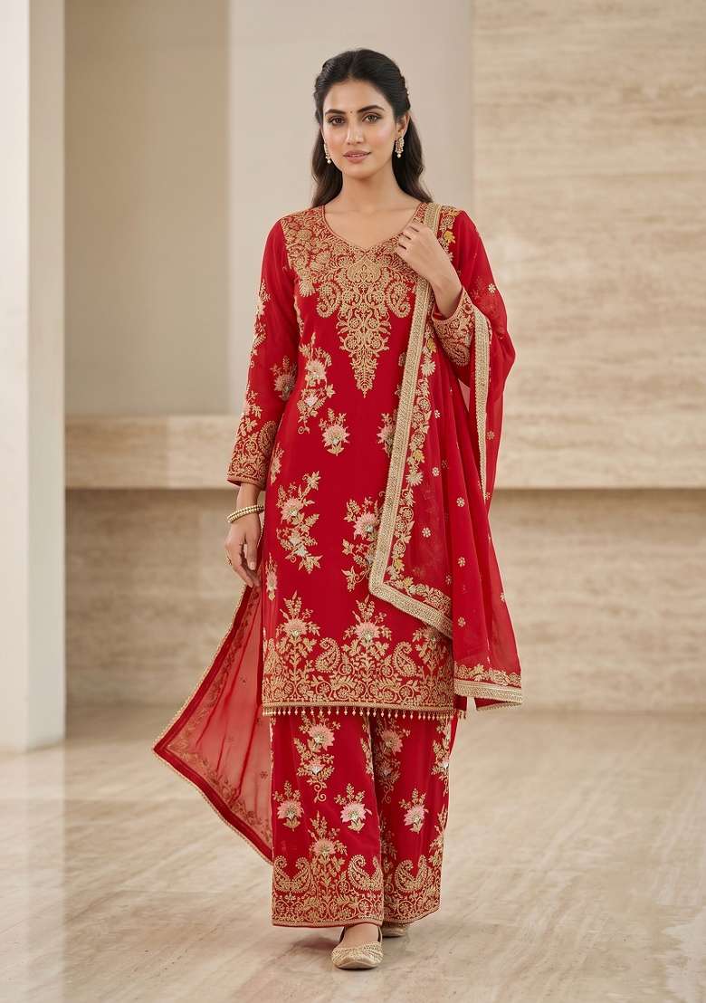 Red Embroidered Georgette Kurta Set - Indya