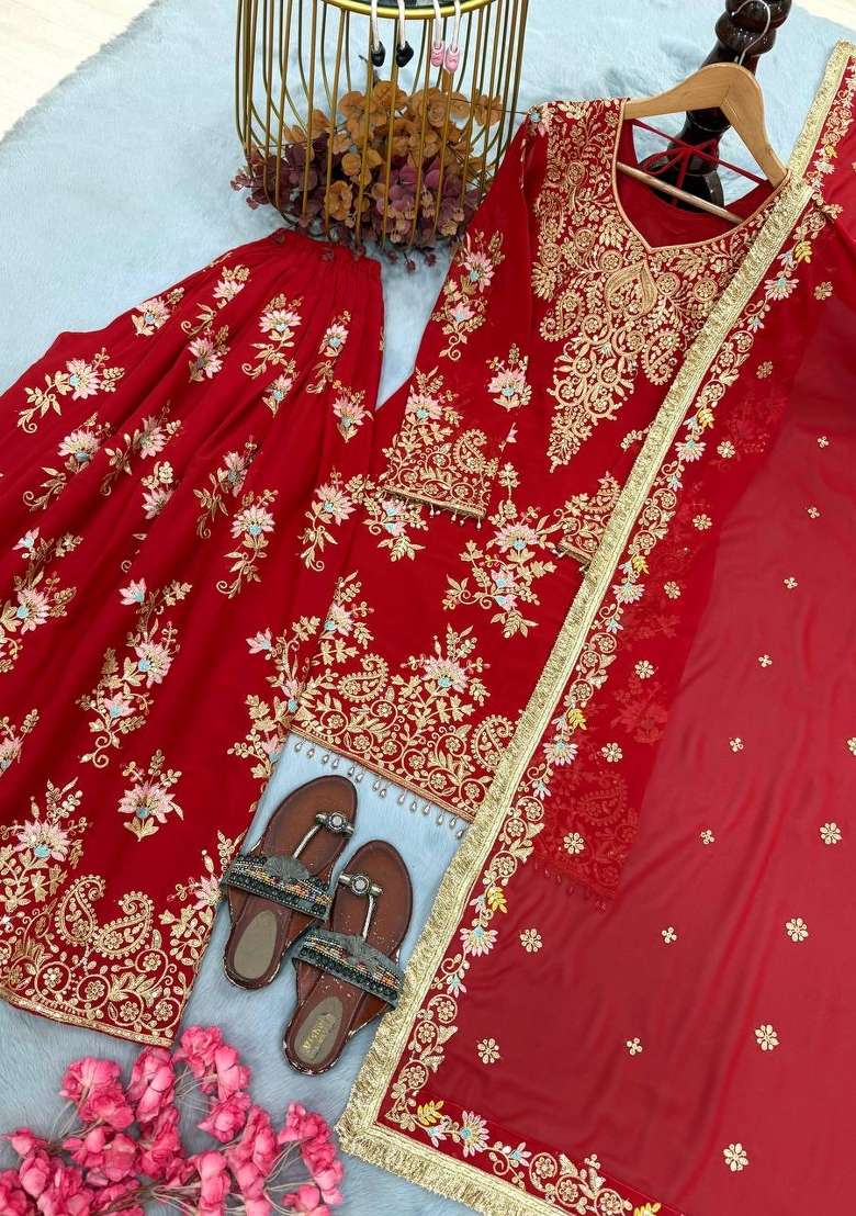 Red Embroidered Georgette Kurta Set - Indya