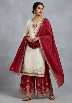 Red Embroidered Silk Kurta Set