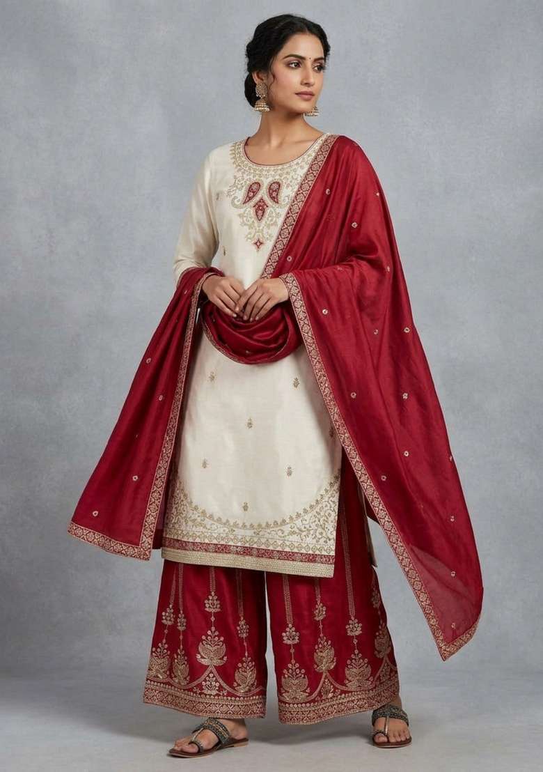 Red Embroidered Silk Kurta Set - Indya