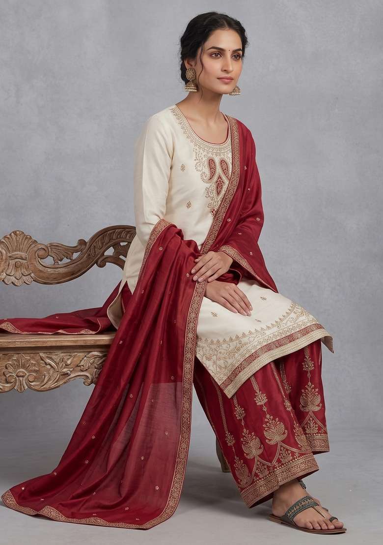 Red Embroidered Silk Kurta Set - Indya