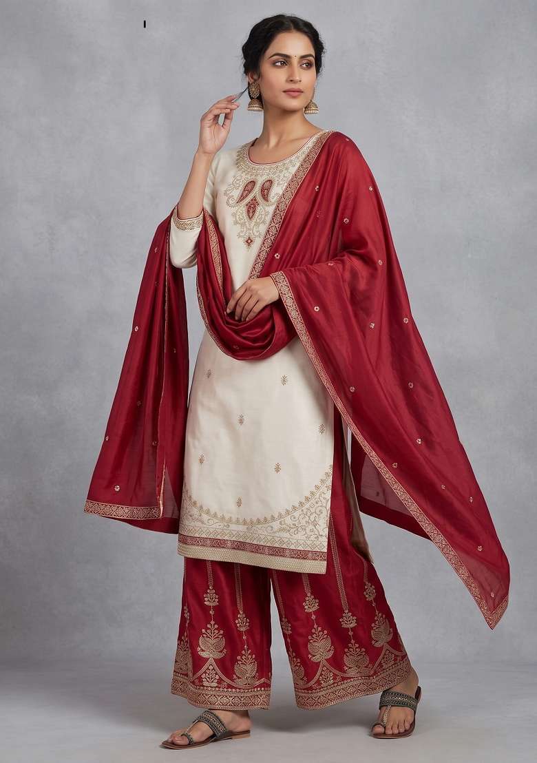 Red Embroidered Silk Kurta Set - Indya