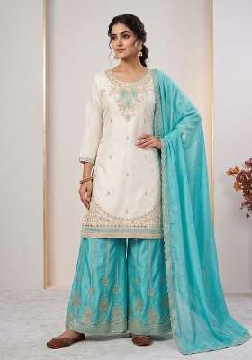 Sky Blue Embroidered Silk Kurta Set