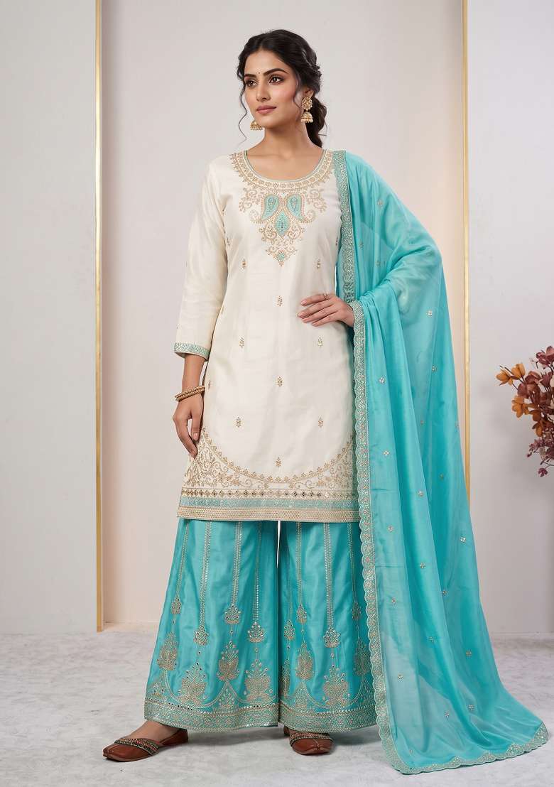 Sky Blue Embroidered Silk Kurta Set - Indya