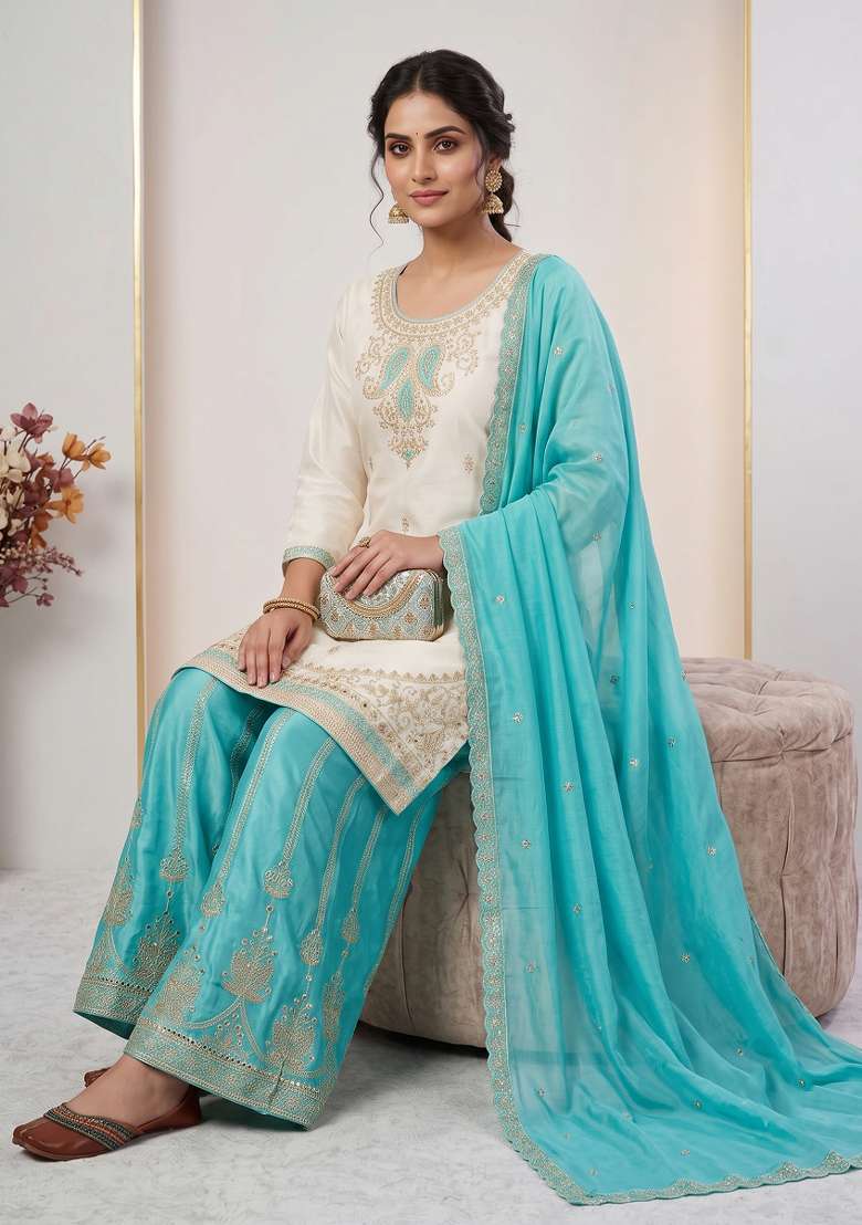 Sky Blue Embroidered Silk Kurta Set - Indya