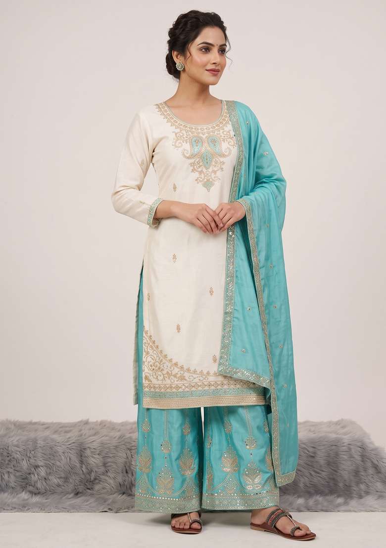 Sky Blue Embroidered Silk Kurta Set - Indya