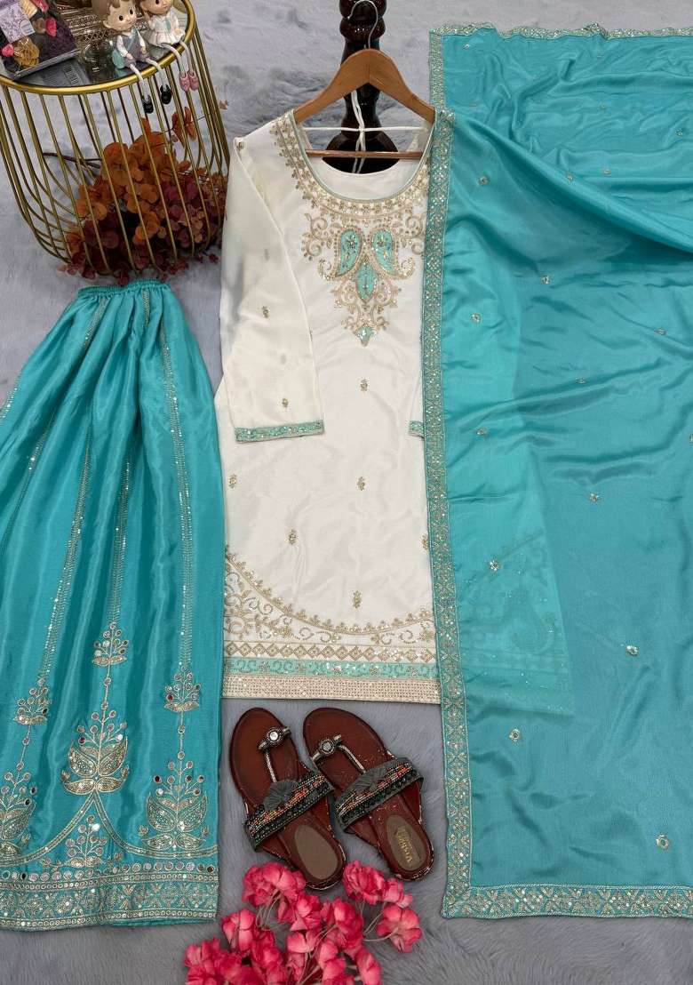 Sky Blue Embroidered Silk Kurta Set - Indya