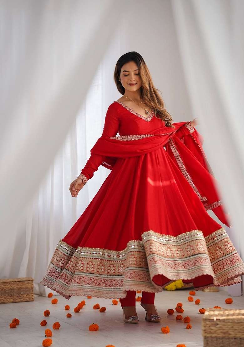 Red Embroidered Silk Kurta Set - Indya
