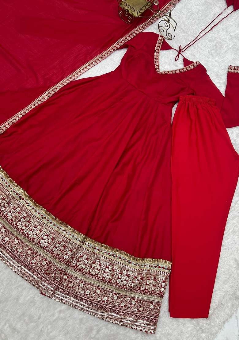 Red Embroidered Silk Kurta Set - Indya